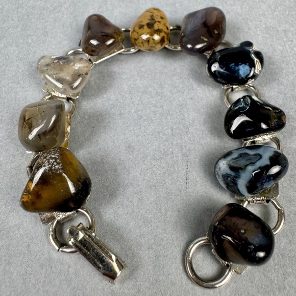Source Unknown Jewelry - Vintage Multicolored Agate Natural Stone Silver Tone Bracelet | EUC